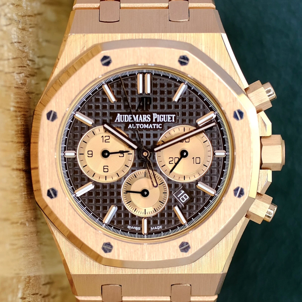 AUDEMARS PIGUET ROYAL OAK CHRONOGRAP 18K ROSE GOLD CHOCOLATE DIAL W BOX PAPER