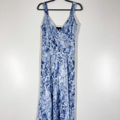 Donna Karan New York Midi Dress Women Blue Floral Print V-Neck Sleeveless Size 4 - Picture 1 of 9