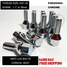 Conical Seat Lug Bolts 1.1" 28mm Shank 14x1.25 Chrome 20Pc Fits BMW Stock Wheel