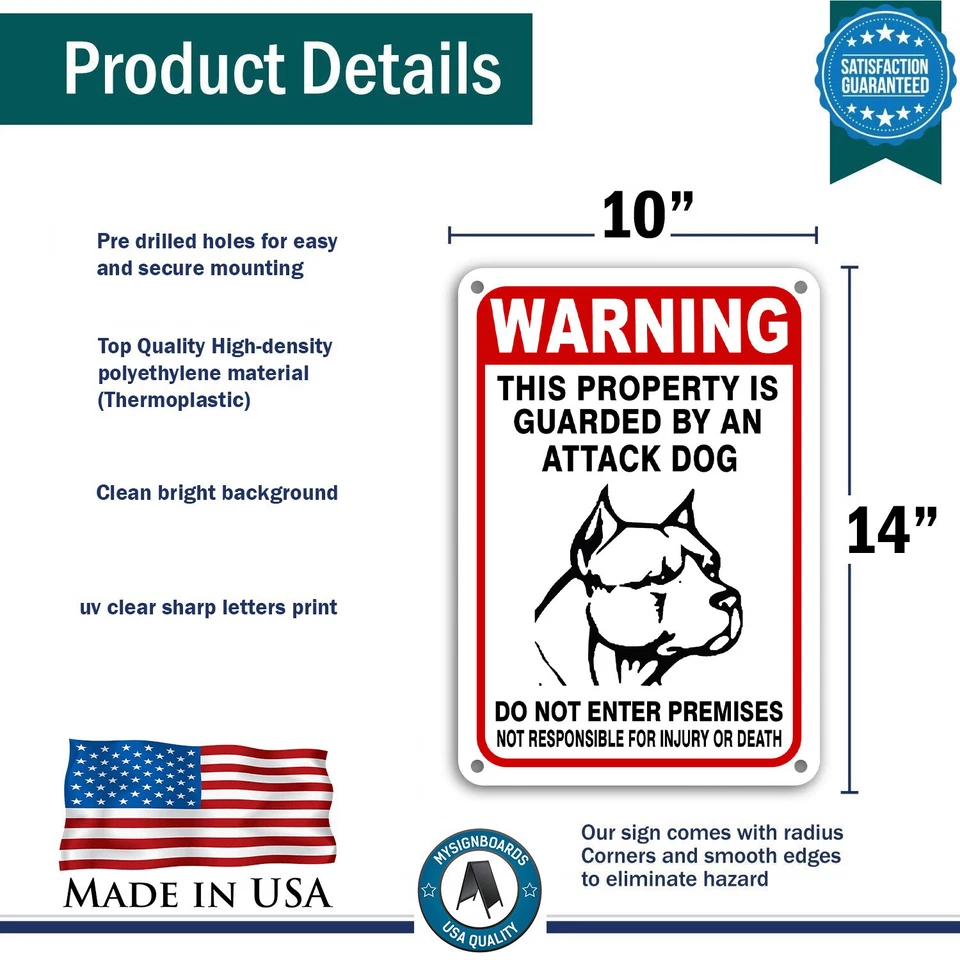 Guard Dog on Duty Signs Beware of Dog Sign Dogs Will Bite Attack Dog 10"x 14" - Image 2 of 4