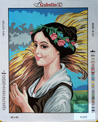 Toile Pour Point De Croix "Girl With Kitten" - 45x60 Cm - Gobelin L - Neuf