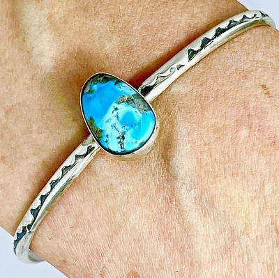 Sonoran Gold Turquoise Navajo Hand Stamped Cuff Bracelet 6.5in Tahe 7g Stacker