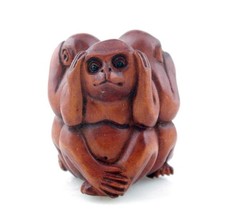 Netsuke japonais en buis 3 singes "NO SEE, TALK, HEAR" About Ghost #03232603