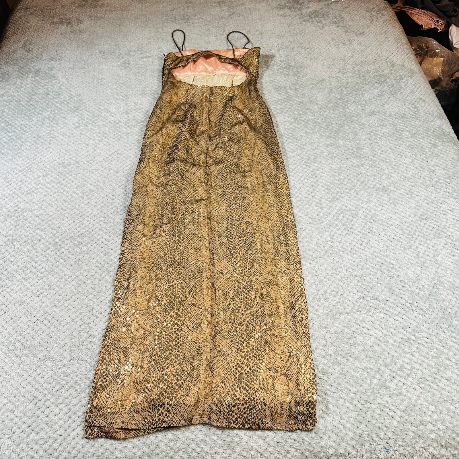 Vintage Y2K Gold snakeskin print square neck maxi formal dress sparkly glittery