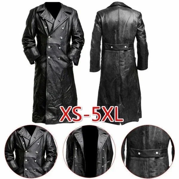 Men's Vintage Officer Style Black Real Leather Trench Coat Long Overcoat