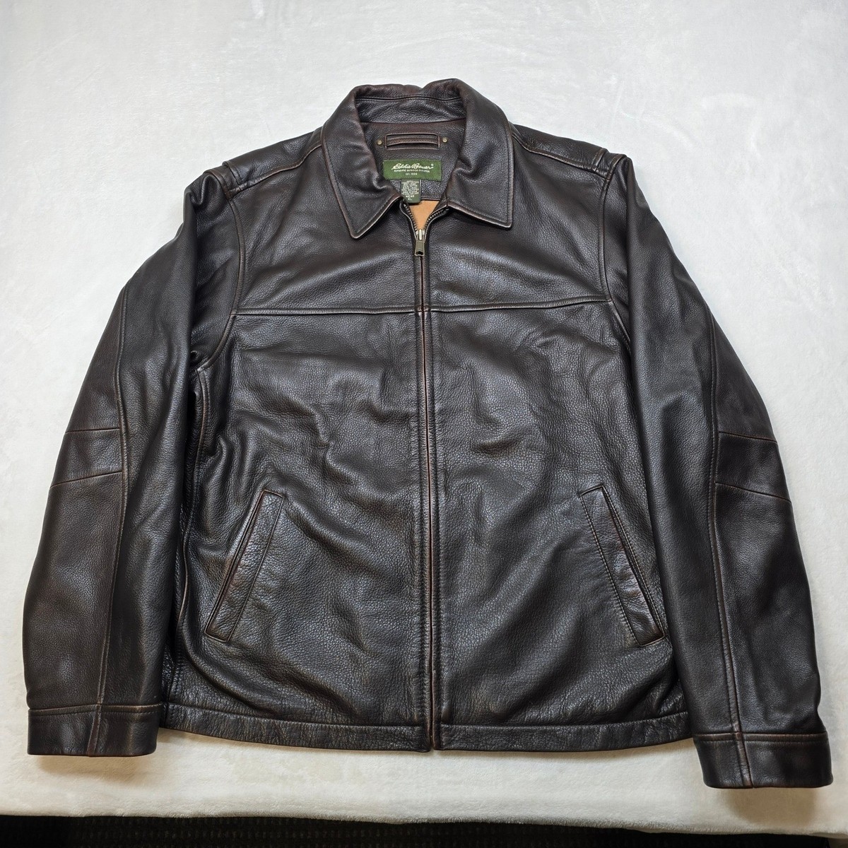 Eddie Bauer Leather Jacket Mens XL Brown Full Zip Bomber Fligher