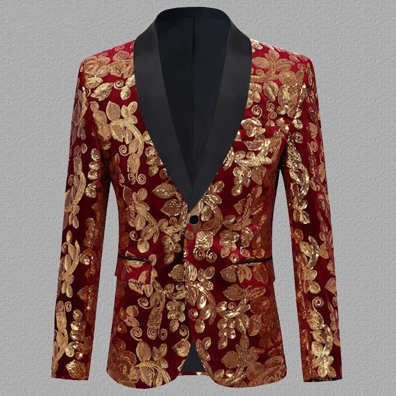 Men Velvet Blazer Jacket Shiny Gold Sequined Floral Stage Dress Performance Coat image 4