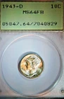 1943 D 10C  Mecury Dime PCGS MS-64 FB
