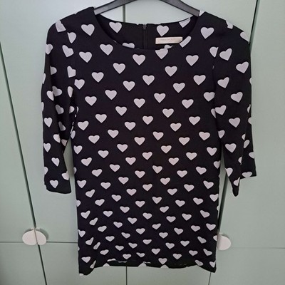 Vera & Lucy Heart Print Tunic Dress Black White 3/4 Sleeve Size S/M Shift Mini
