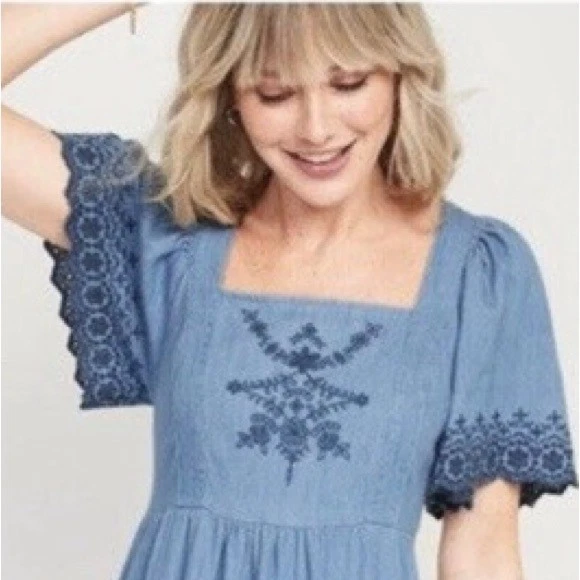 Old Navy Womens Small Fit Flare Flutter Sleeve Smocked Back Chambray Midi Dress - Image 2 of 4