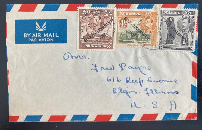 1951 Malta Airmail Cover To Elgin IL Usa Self Government Overprints  Stamp