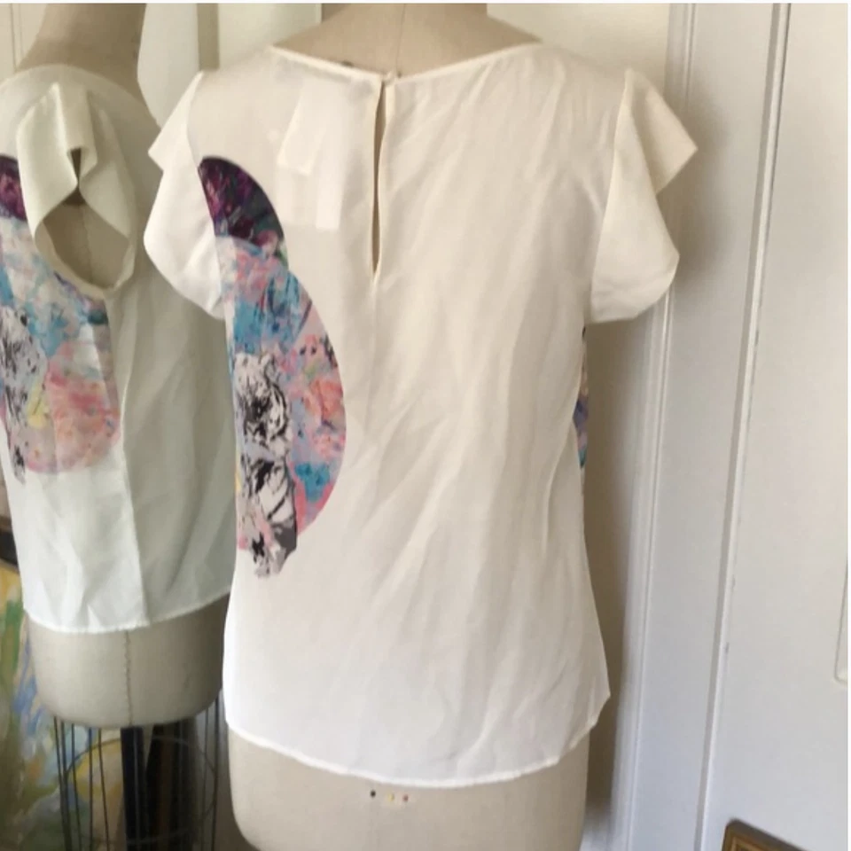 Blusa Top Cynthia Vincent Twelfth Street Tiger Seda Blanca Manga Acampanada L NUEVA Foto 2 de 4