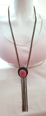 Vintage Style Large Oval Pink Stone Bronze Tone Long Curb Link Pendant Necklace