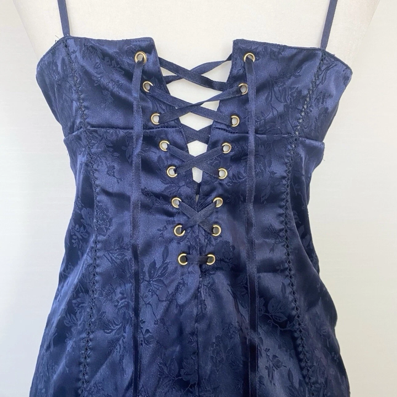 UNDERCOVER Abito slip anni 90 Victoria’s Secret nuovo con etichetta raso elasticizzato seta jacquard blu corsetto M