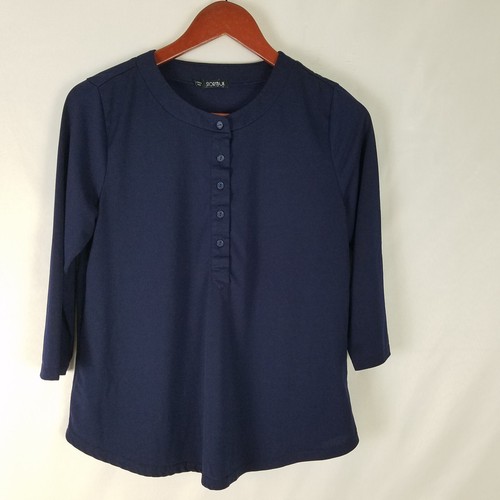 Storybuk Shirt Womens Small Popover Top Dark Blue Long Sleeve Round Neck Blouse