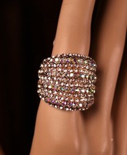 Aurora Borealis Stretch Ring Gold and Rhinestone Pave Chunky Statement Tier Ring