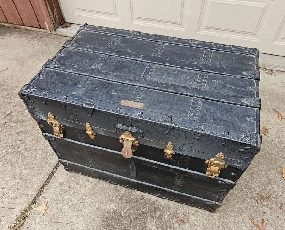 Старинный винтажный красивый C.A. Пароварка Taylor Trunk Works с плоским верхом черная - Изображение 3 из 4