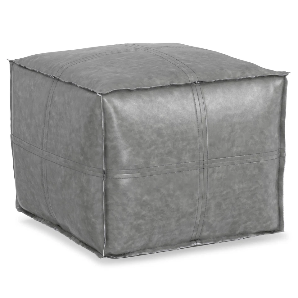 Simpli Home Brody Boho Square Pouf in Distressed Gray Faux Leather - Image 2 of 4