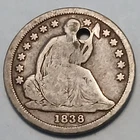 1838 Seated Liberty Silver Dime - Circulated - holed/bent - Mintage: 1,992,500