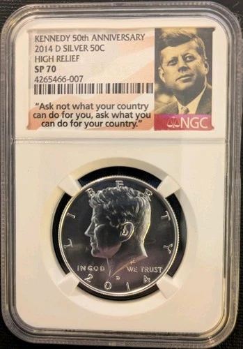 .36+ TROY OZ SILVER! 2014 D KENNEDY NGC-CERT SP70! HIGH RELIEF 50TH ANNIV 50¢