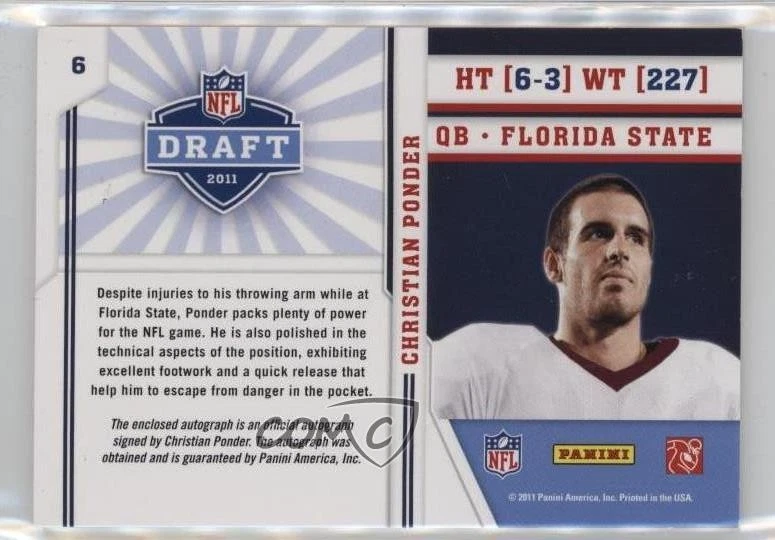 2011 Prestige Draft Logo Signatures Christian Ponder #6 RPA Rookie Patch Auto RC - Image 2 of 2