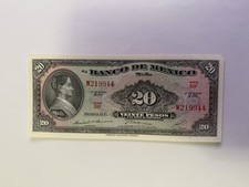 Mexican Bank Note: El Banco de Mexico S.A. 1970 20 Pesos Serie BIF No. W219944