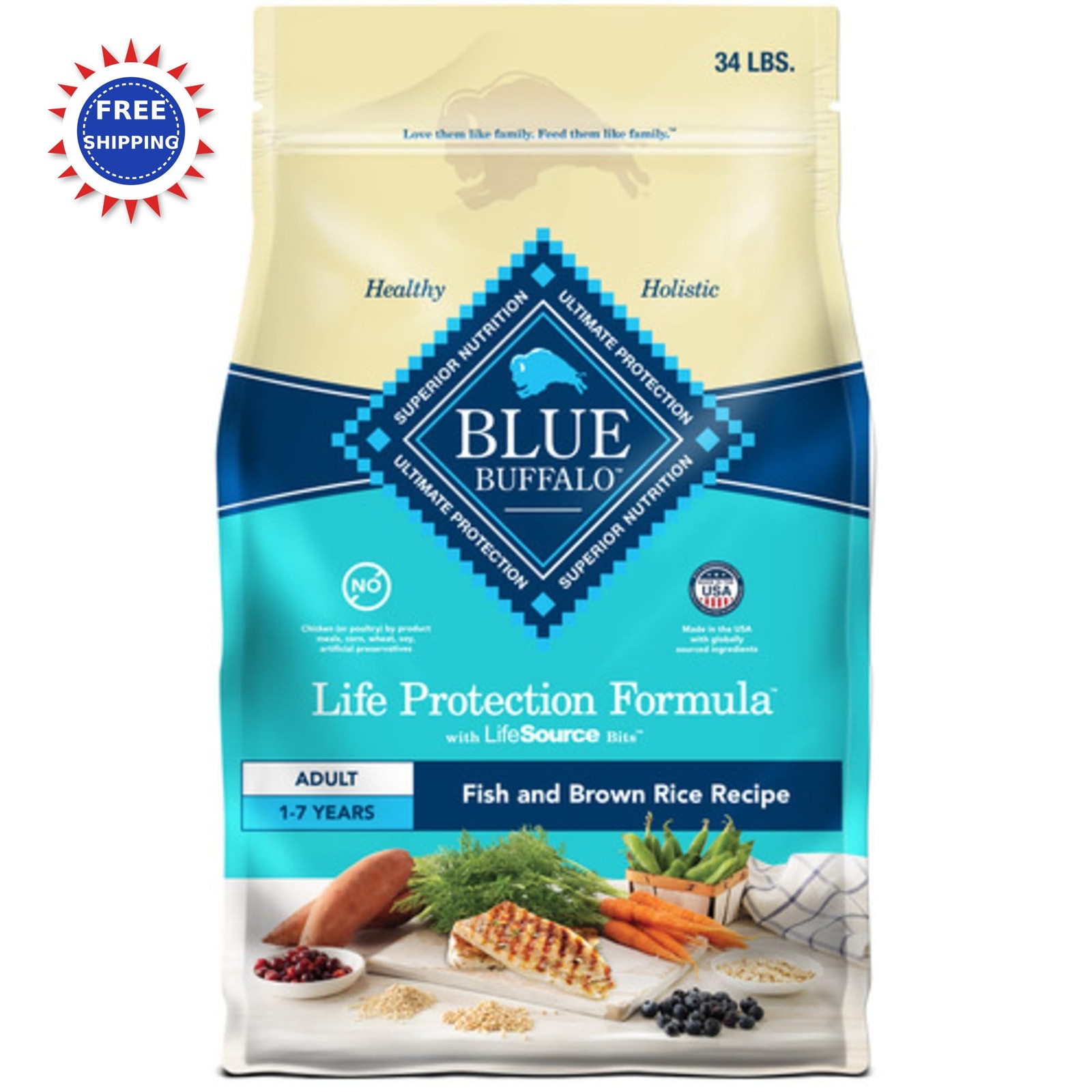 Blue Buffalo Adult Dry Formula Fish & Brown Rice 34 Lb Life Protection