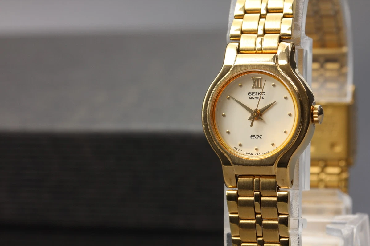 Reloj para mujer SEIKO SX dorado redondo de colección Qz V401-0091 vintage 19...