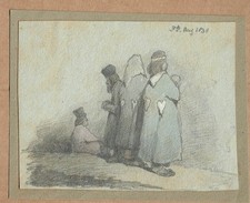 Rare 1830 drawing - Jews praying at the Western Wall. Judaica