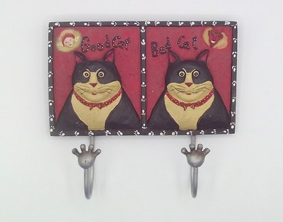 Wall Plaque with 2 Hooks ''Good Cat - Bad Cat'' 6.5'' x 4''