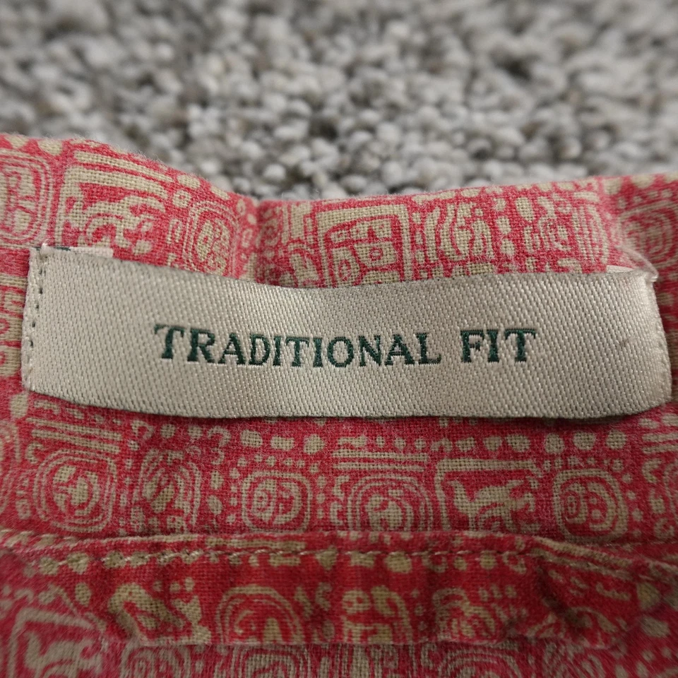 LL Bean Shirt Mens M Tall Red Chambray Tiki Hawaiian Loop Collar Button Up Camp - Image 4 of 4