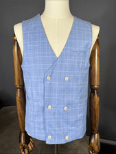 Men  s Light Blue Windowpane Double-Breasted Vest V-Neck Size 36 NWOT