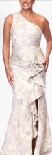 Xscape Evenings Metallic Floral Jacquard One-Shoulder Sheath Gown Champagne 10
