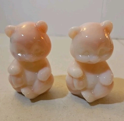 Pair Of Vintage Fenton Shiny Pink Bear Figurines