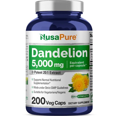 NusaPure Dandelion Root Extract 5,000mg 200 Veggie Capsules (Non-GMO)