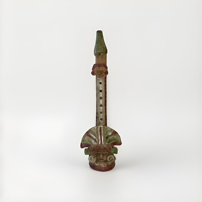 1970 s Aztec Maya handmade hand painted Mexican Folk Art Clay 13.5  flute