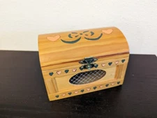 Folk Art Wood Dome Top Trunk Chest 6" long x 4.5 " T Wire Mesh Cutout Recipe Box