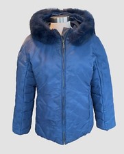 1 Madison Women L Blue 3/4 Length Detachable Fox Fur Trim Hood Zip Puffer Jacket