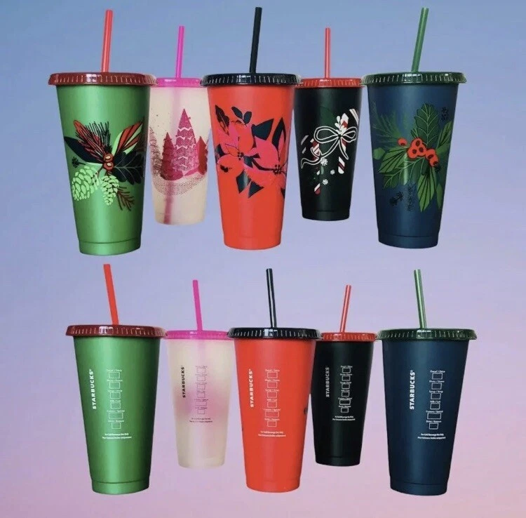 Starbucks Holiday 2021 Reusable Cold Cups with Lids and Straws - Pack of 5