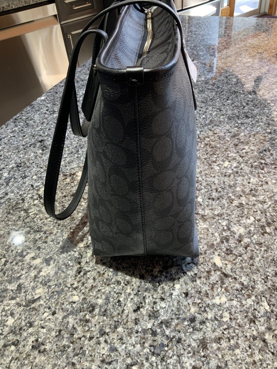 Women's COACH Signature City Zip Tote. F58292. Black Smoke/Black
