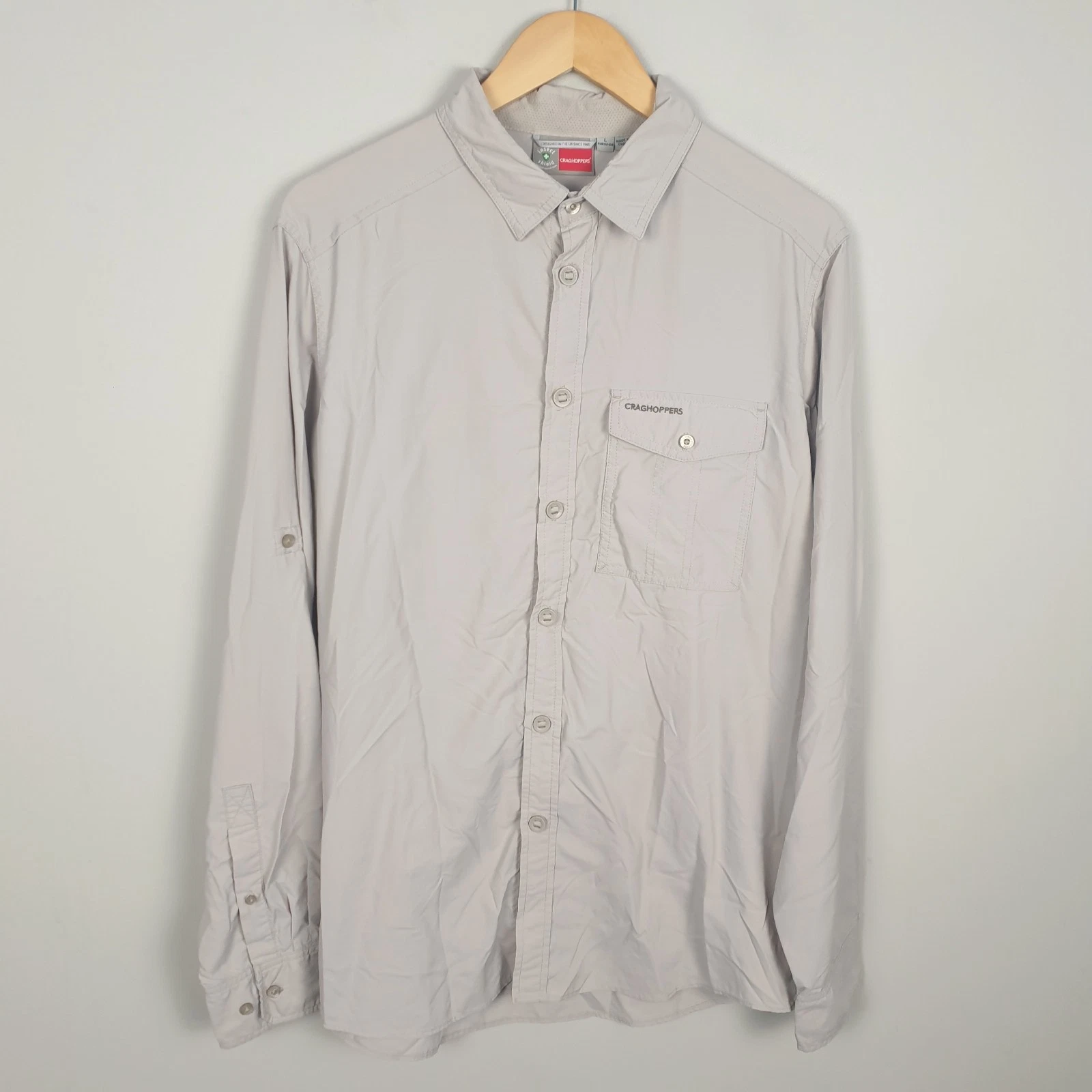 Craghoppers Insect Shield Shirt Mens Large Grey Outdoor Roll Tab Sleeve Hiking