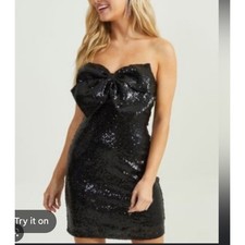 Altar'd State Black Bow Sequin Strapless Mini Dress XS Bodycon Party Birthday
