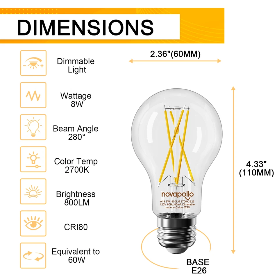 Светодиодная лампа накаливания с регулируемой яркостью Edison A19 упаковка 4/6/12 шт. E26 8 Вт 2700 К мягкая белая - Изображение 2 из 4