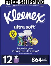 Kleenex Ultra Soft 3-Ply Facial Tissues, Cube Boxes (72 tissues/box, 12 boxes)