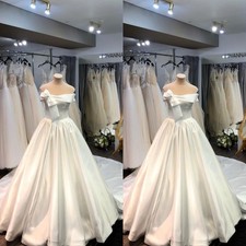 Elegant Wedding Dresses Off Shoulder With Bow Satin Sweep Train Bridal Gowns