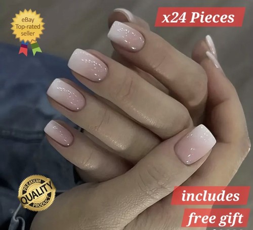 24x Short Square False Nails French Manicure Fake Tips Press On Full Cover Nails - Picture 2 of 7