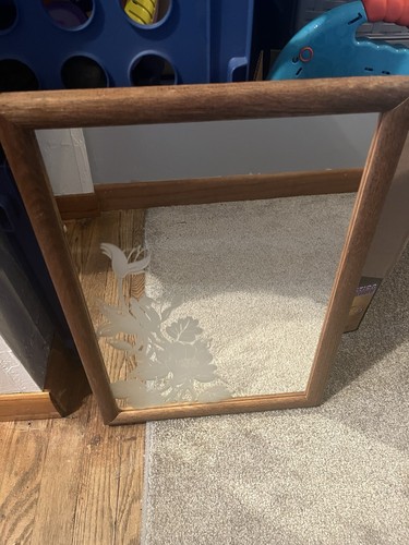 Antique Art Deco Wood Frame Wall Mirror Vintage Etched Glass 13x19 - Picture 2 of 5