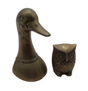 Vintage Brass Duck & Owl Set Animal Decor Paperweight Or Shelf Ornament