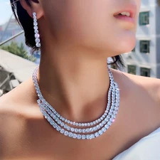 Zircon Round Multi-layer Necklace and Earrings Silver Plated Wedding Jewelry Set