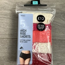 M&S High Rise Shorts Cotton Lycra with Lace Knickers 5 Pack Size 14 Red Mix